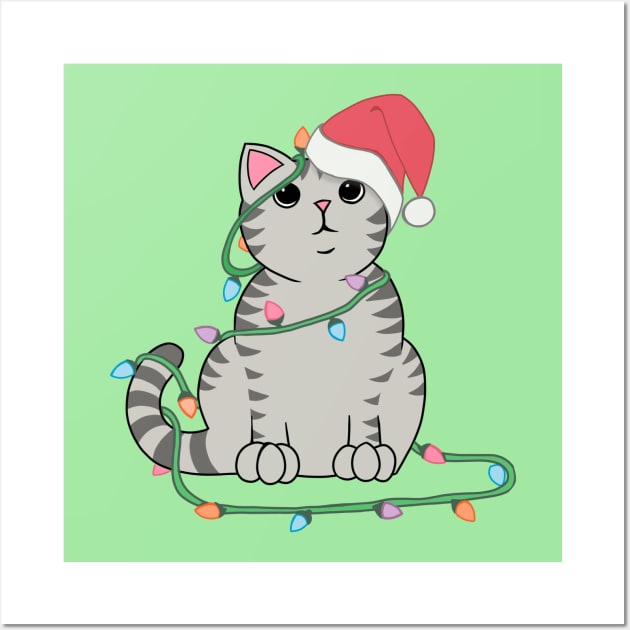 Gray Tabby Cat Christmas lights funny cat lover xmas hat Wall Art by xenotransplant